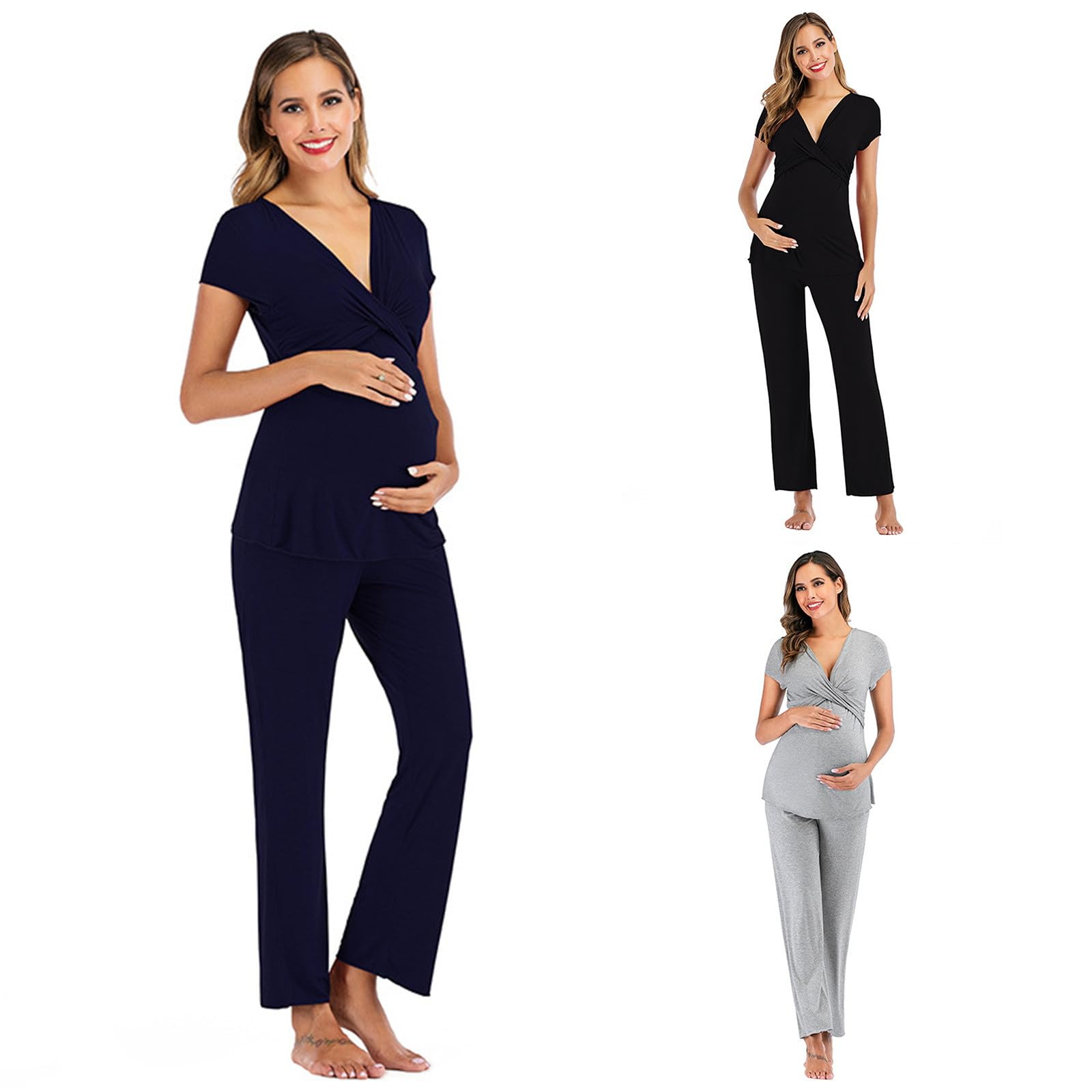 Ensemble de Pyjama Maternité Coton Pyjama de maternité Couleur Unie Longue Vêtements de Nuit Grossesse Pyjama Chaud Allaitement