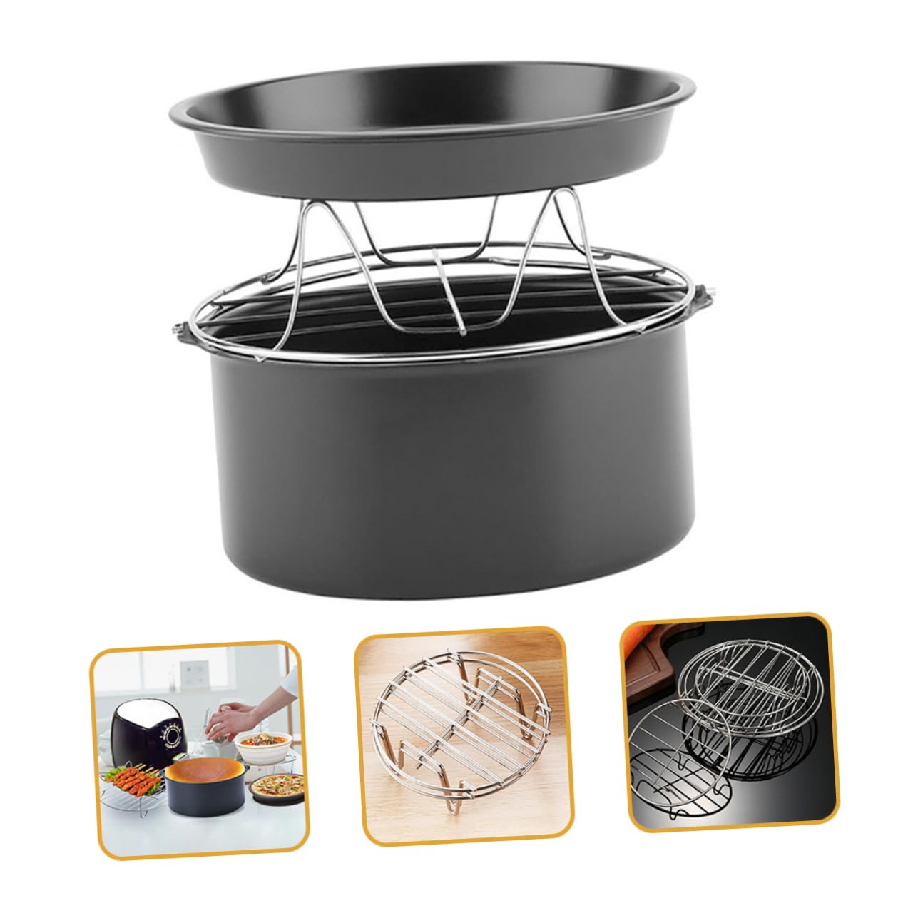 Zerodeko Juego de 3 Bandejas para Freidora de Aire, Acero Inoxidable, 7 Pulgadas, Rejilla Vaporera para Hornear y Cocinar Cocina