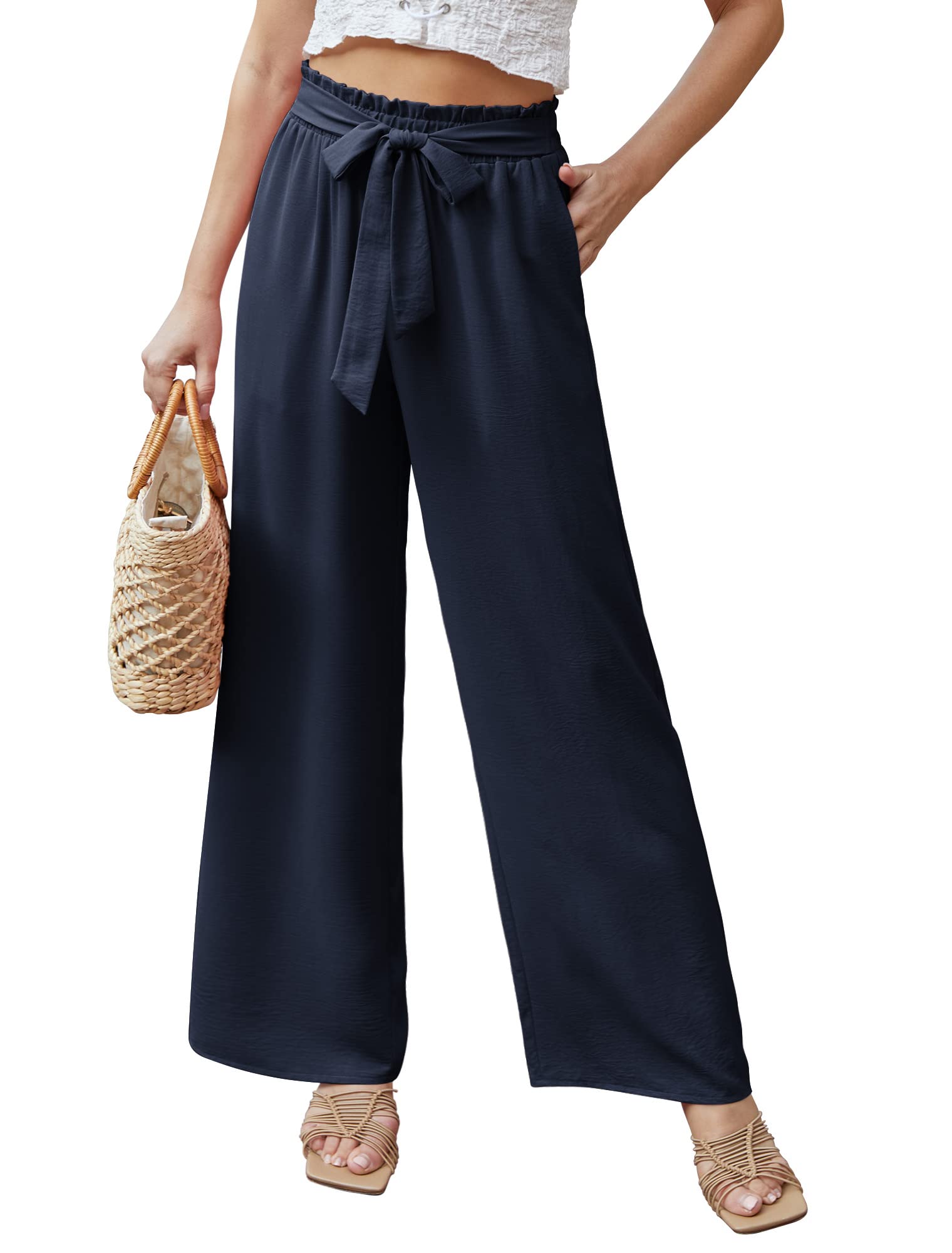 Ninee Pantalon de loisirs pour femme avec jambes larges, taille haute, travail, ample, plage