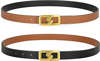 SANSTHS Fashion Women Reversible Belts for Dresses Jeans Pants, Two-in-one Skinny Belt for Women with Gold Buckle, S