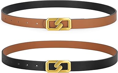 SANSTHS Fashion Women Reversible Belts for Dresses Jeans Pants, Two-in-one Skinny Belt for Women with Gold Buckle, S