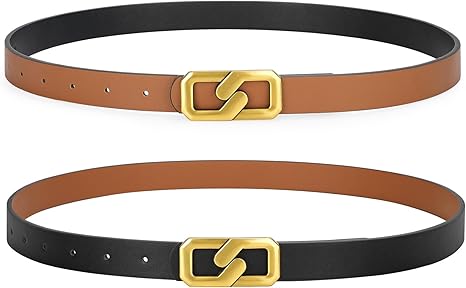 SANSTHS Fashion Women Reversible Belts for Dresses Jeans Pants, Two-in-one Skinny Belt for Women with Gold Buckle, S