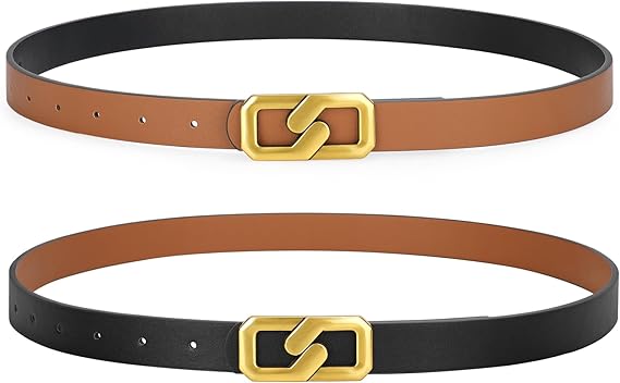 SANSTHS Fashion Women Reversible Belts for Dresses Jeans Pants, Two-in-one Skinny Belt for Women with Gold Buckle, S