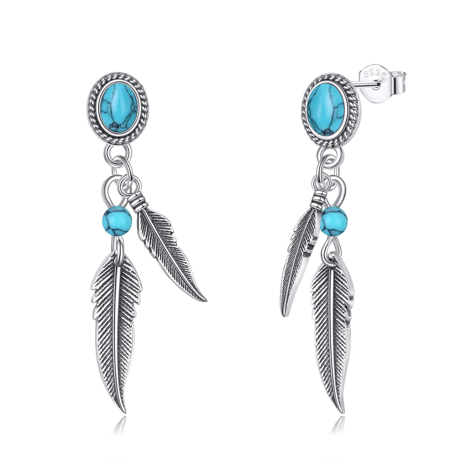Pendientes de plumas turquesas de plata de ley 925, pendientes de plumas bohemias, joyería occidental para mujer