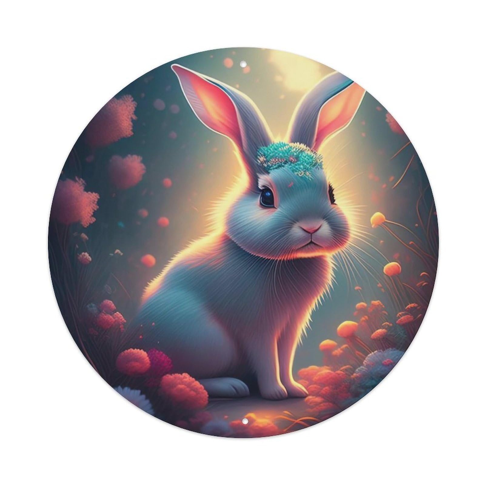 Animal Artwork Little White Rabbit Among Flowers Vintage Metal Tin Sign Plaque Wall Decor for Cafe, Club Bar, Office, Garden Metal Poster 8x8Inch