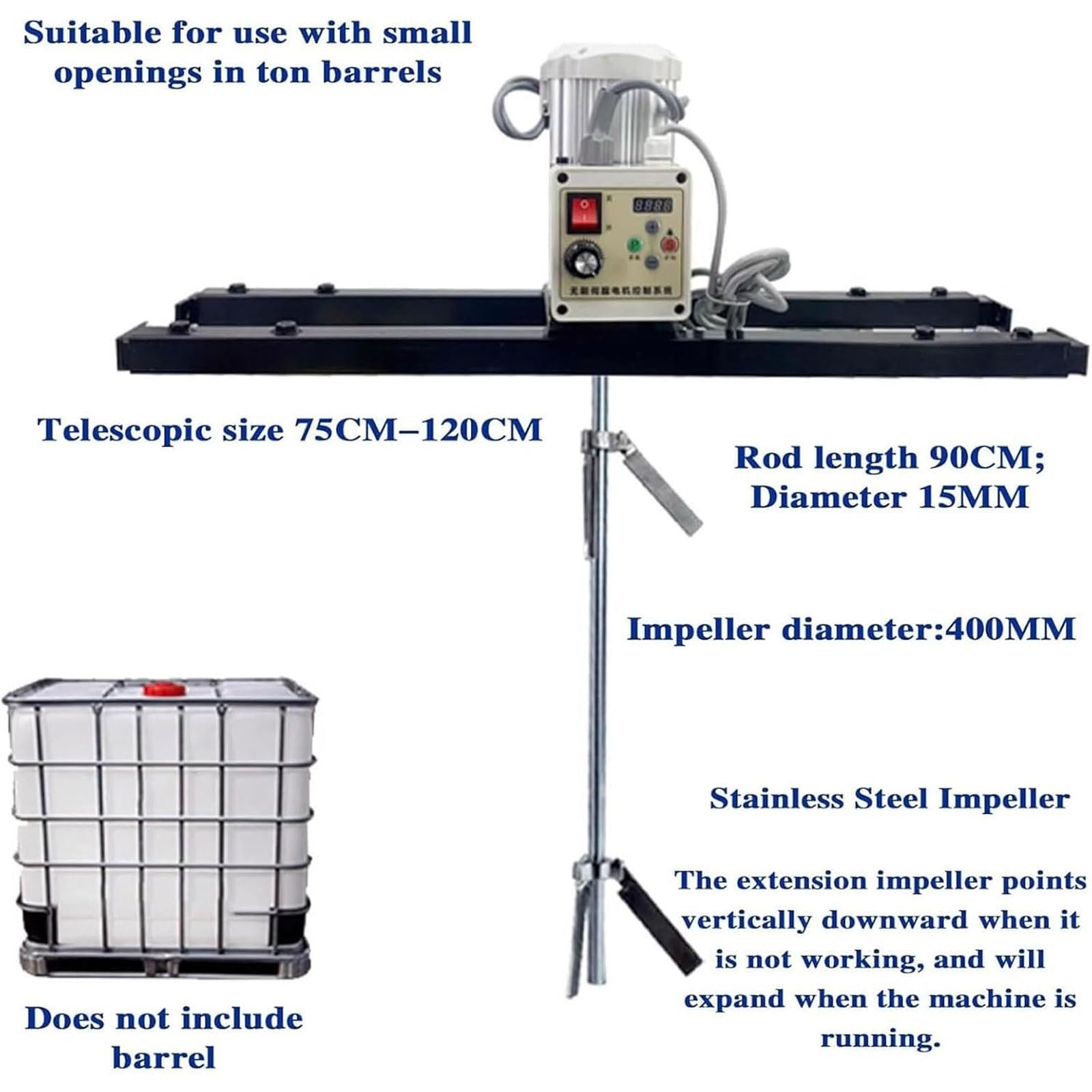 Agitador eléctrico para contenedores IBC con Rango telescópico para una Mezcla eficiente de Pinturas y tintas.