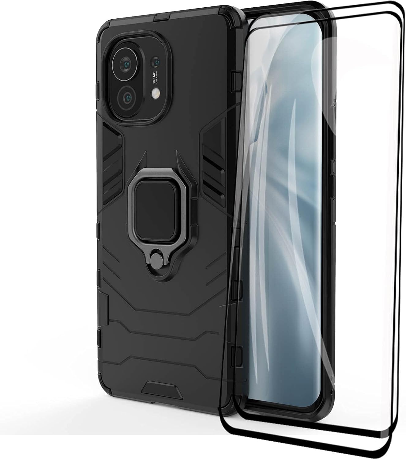 LEYAN Funda para Xiaomi Mi 11 y 2 Cristal Templado, PC + TPU Silicona Tough Armor Protección Carcasa, Robusta Antigolpes Estuche con 360° Magnético Anillo Kickstand, Negro