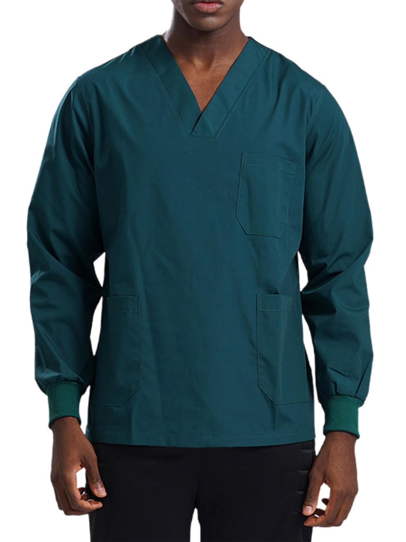 Yihuimin Men's Long Sleeve Scrub Top Reversible V-Neck Shirt Professionals Workwear Uniforms with Pockets Green Small