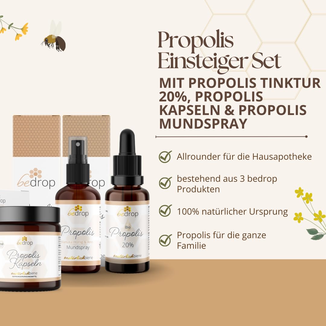 bedrop | Propolis Einsteiger Set - Spray + 20% Tinktur + Propolis Kapseln | Für Kinder & Erwachsene