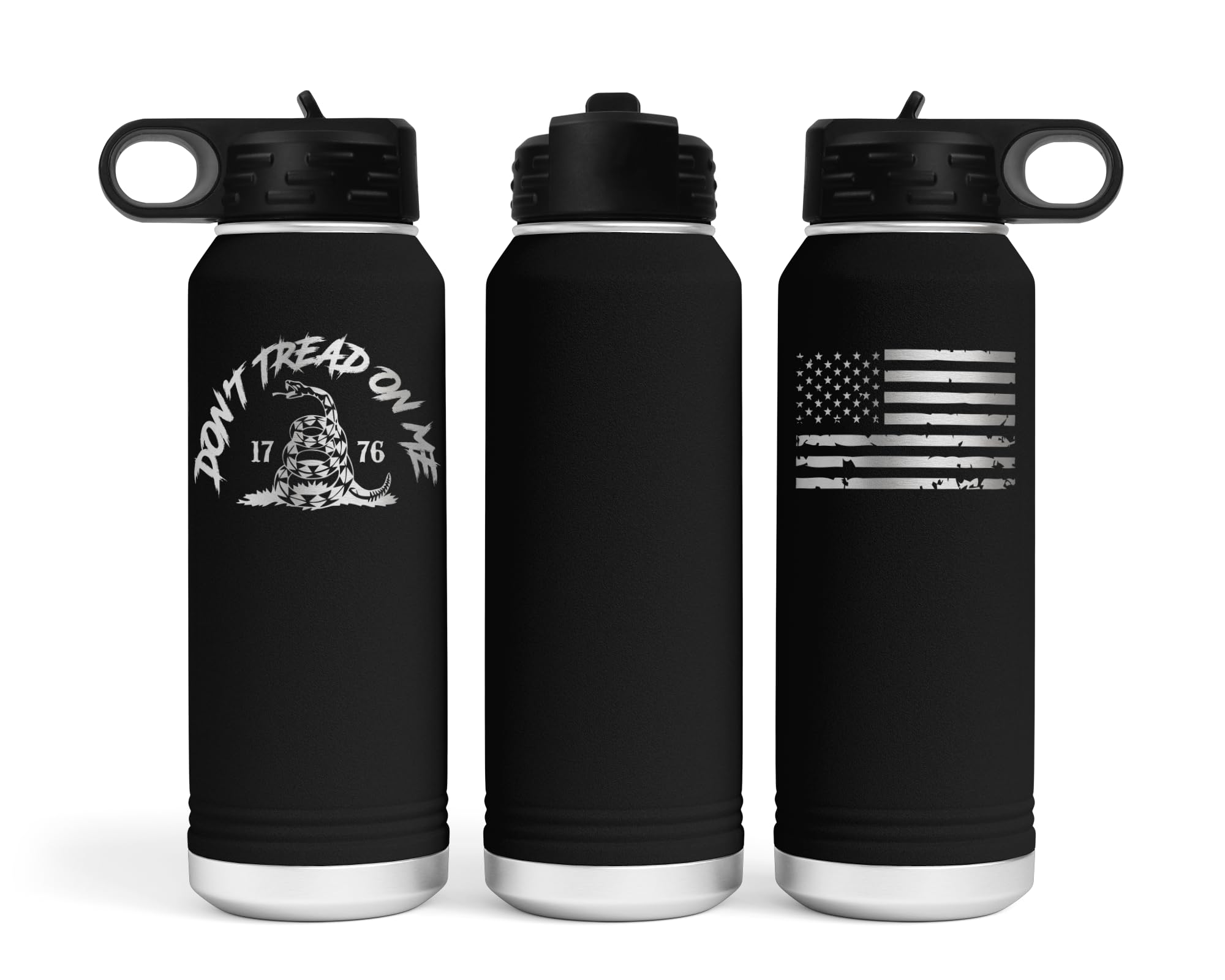 Gadsden Wasserflasche mit amerikanischer Flagge, doppelwandig, Edelstahl, isoliert, 900 ml, zweiseitige Gravur, graviert in den USA, Gadsden Don't Tread On Me