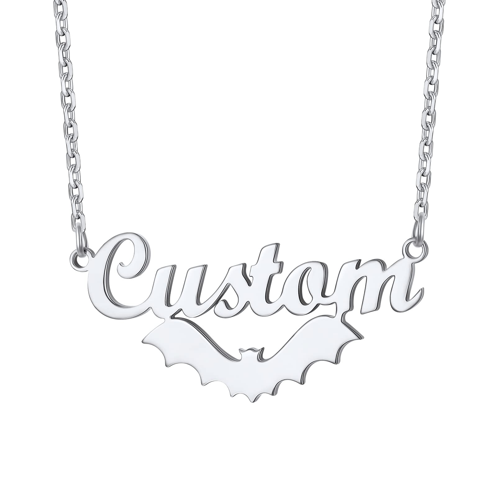 Custom4U Bat Name Necklace Personalized Custom Nameplate Necklaces Stainless Steel/925 Sterling Silver, Customized Gothic Jewelry Gifts for Women Men