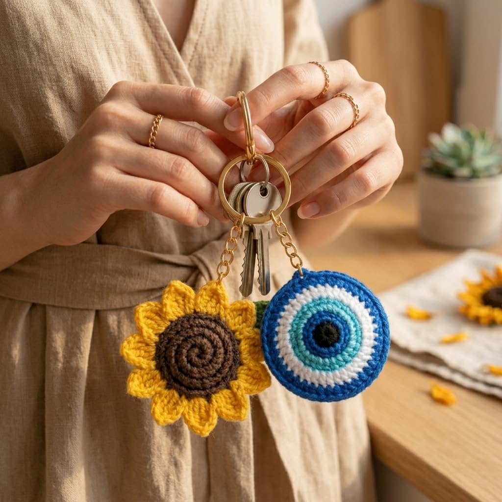 Handmade Crochet Keychains - Sunflower & Evil Eye -5