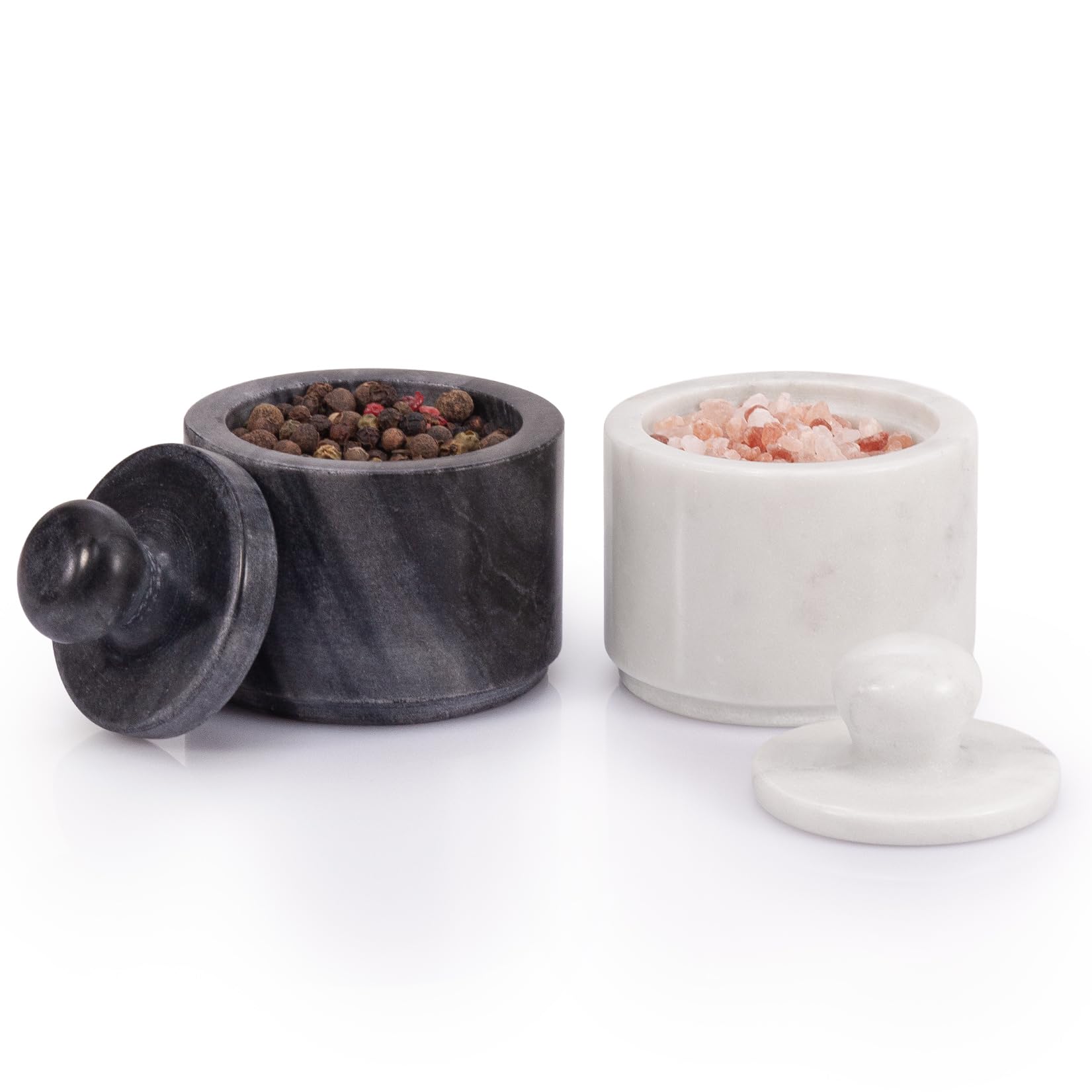 EHC Marble Salt and Pepper Pots Set, White Salt and Black Pepper Shakers, Durable Natural Stone, Elegant Tabletop Seasoning Set for Cooking, Dining & Kitchen Décor