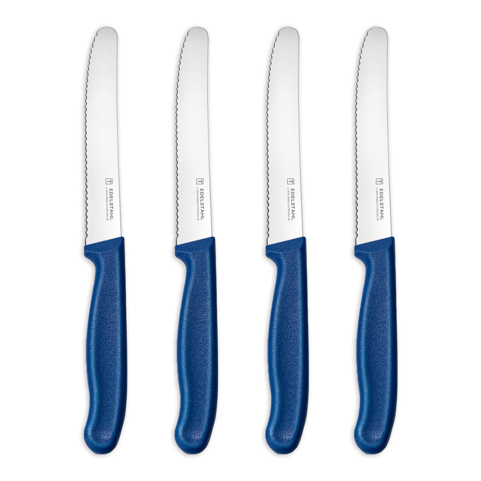 targzier Tafelmesser,Frühstücksmesser 4 Stück,Hochwertiges Brötchenmesser Set,Edelstahl Tomatenmesser Wellenschliff,Scharf Messer Set,Küchenmesser Klein,Kunststoffgriff Buttermesser,Blau
