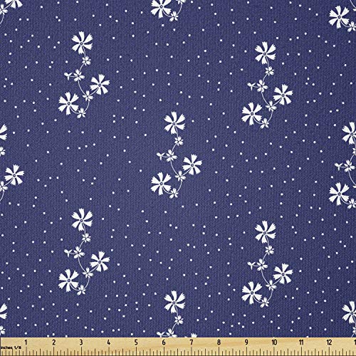 Image of Ambesonne Navy Blue Fabric by The Yard, Floral Pattern Design Little Dots and Flowers Country Life Inspired Art, Stretch Knit Fabric for Clothing Sewing and Arts Crafts, 3 Yards, Navy White