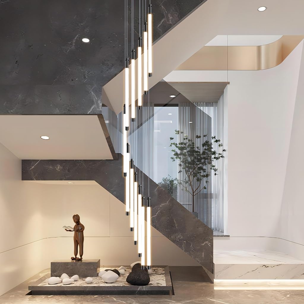 PCXEHUYP Modern Black Spiral LED Chandelier 12 Lights Adjustable Height Pendant Light for Entrance Foyer Staircase Lobby Villa Lighting