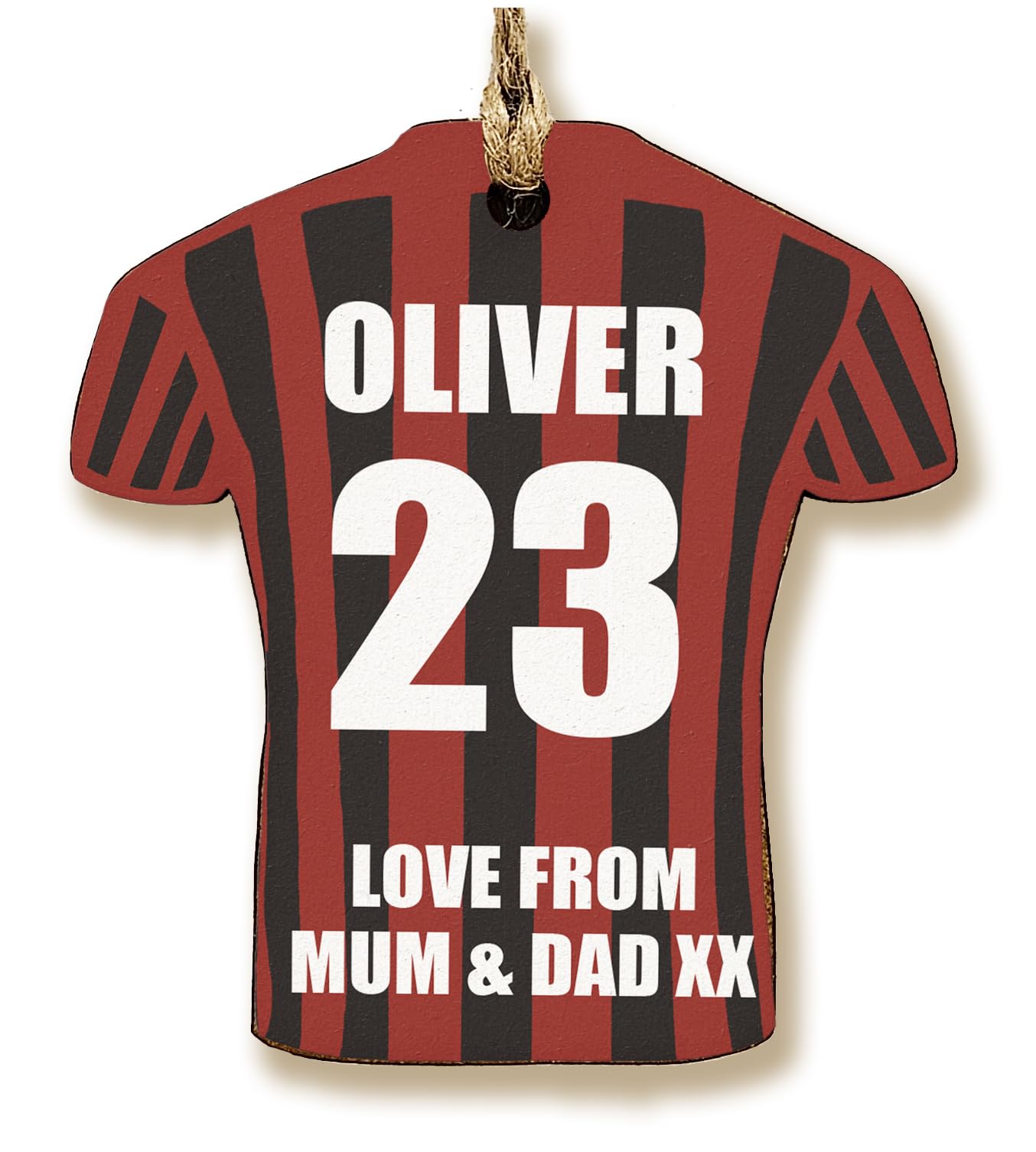 The Plum Penguin Customisable Football Shirt-Shaped Gift Tag Personalised MDF Dad Grandad Keepsake Name and Number Team Colours Footy Fan (Red + Black Stripes)