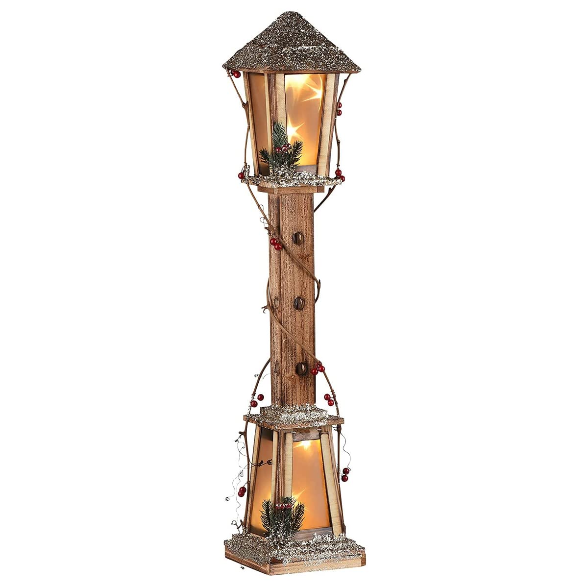 YJKJ Christmas Decoration- 2.78Ft Glitter Snow Topped Wooden Lamppost with Rotating Star Light, Frosted Star Windows, Home Garden Christmas Ornaments