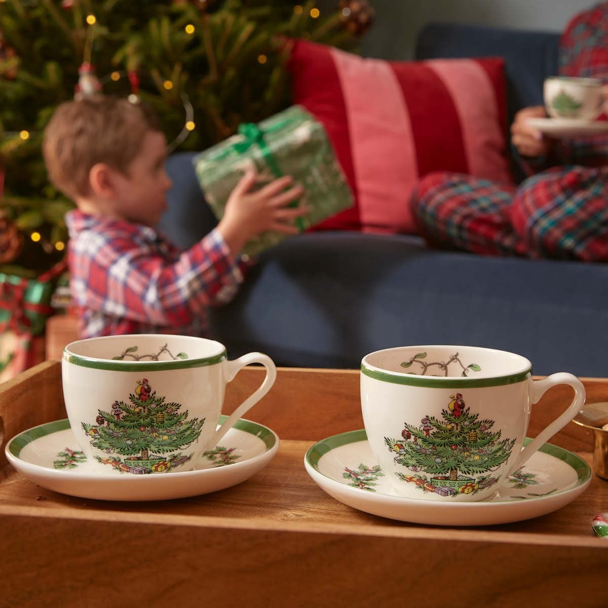Spode Christmas Tree Teacup & Saucer Set, 7 Ounce, Made in England
