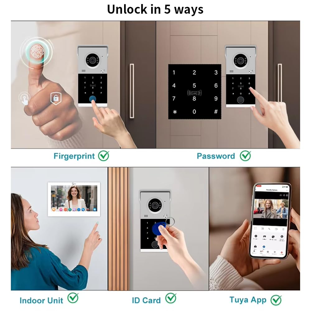 Videocitofono cablato per appartamento, monitor touch da 7 pollici con campanello 1080P, sblocco password scheda RFID con impronte digitali, monitoraggio per casa villa