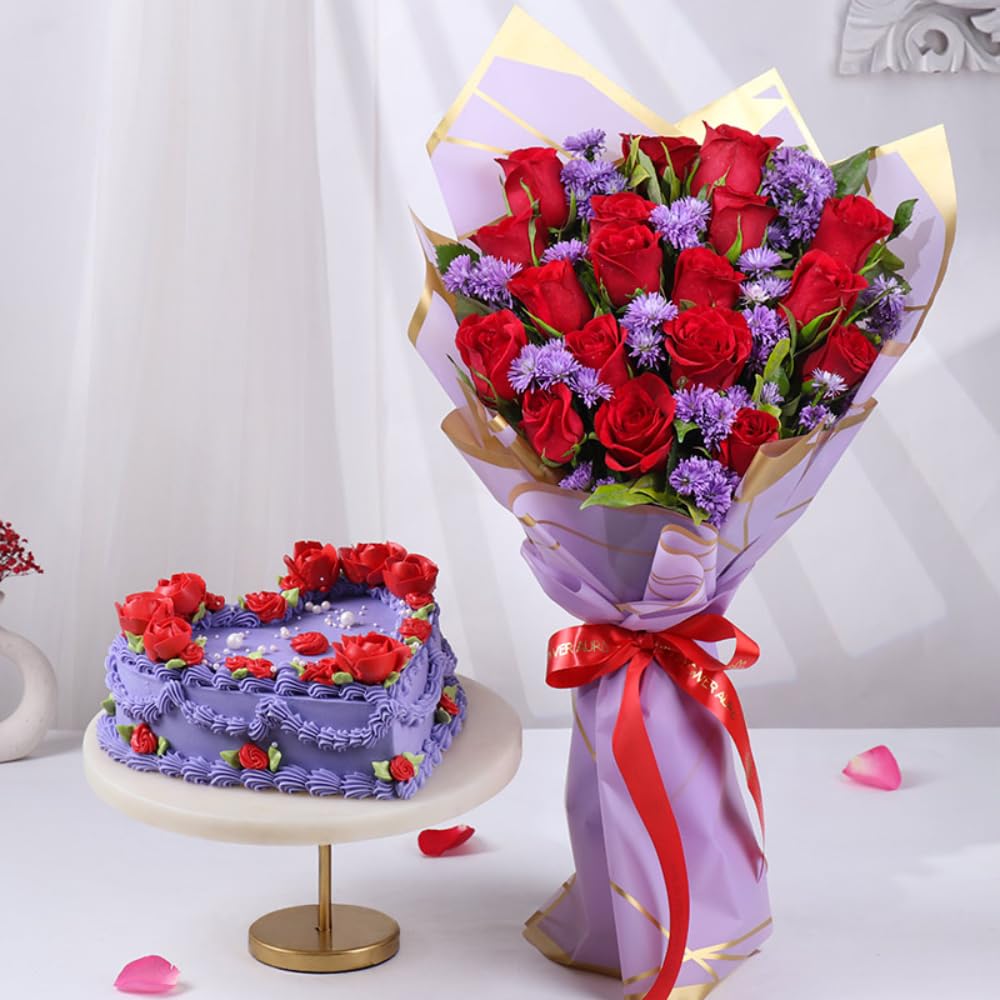 FlowerAura Love Combo of Fresh 18 Roses & Daisy Flower Bouquet With 0.5Kg Chocolate Cake For Birthday | Anniversary | Valentine's Day Gift For Girlfriend, Boyfriend, Husband & Wife (Same Day Delivery)-image-27