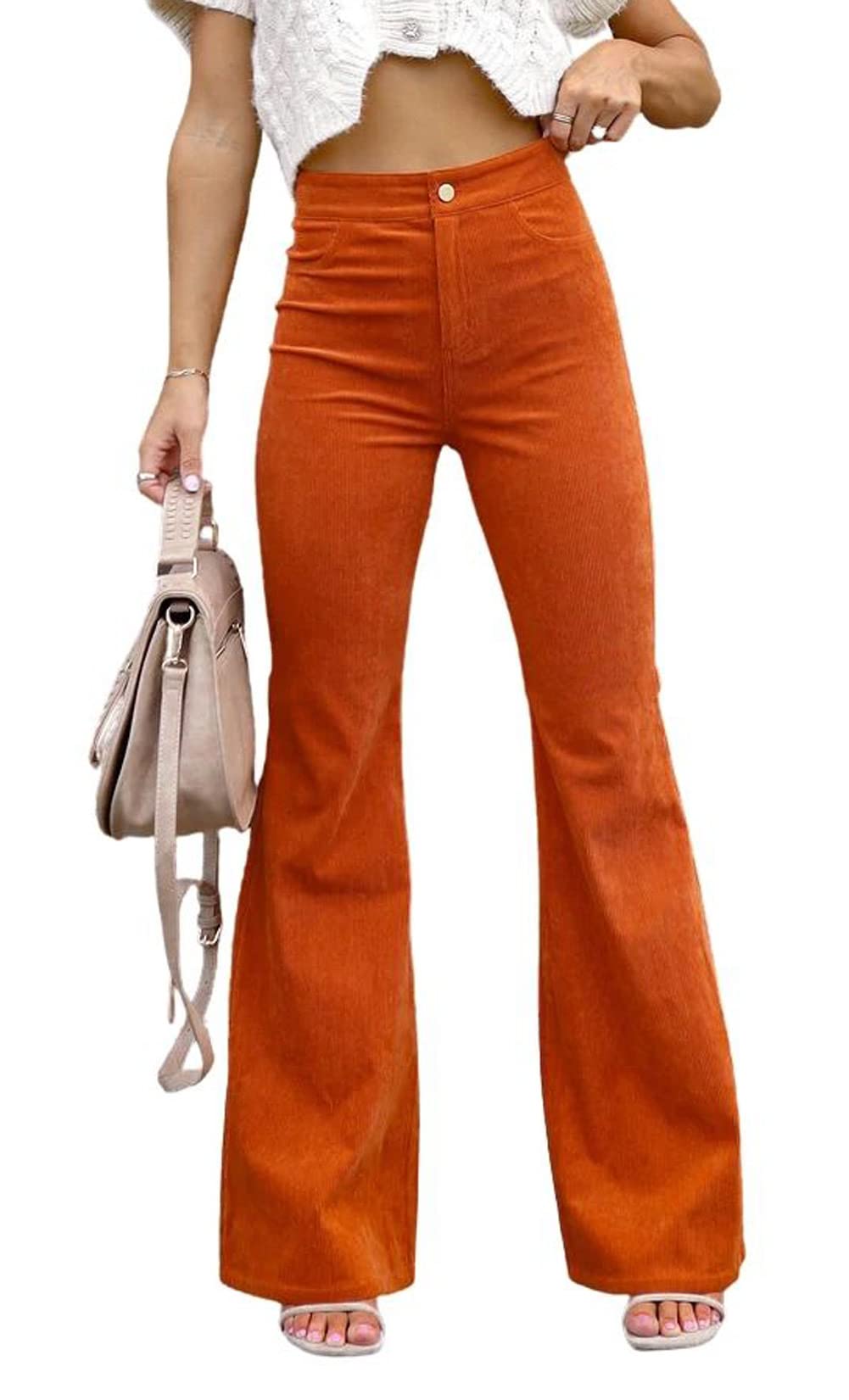 CHARTOU Womens Vintage Corduroy High Waist Flared Bell Bottom Slim Fit Pants