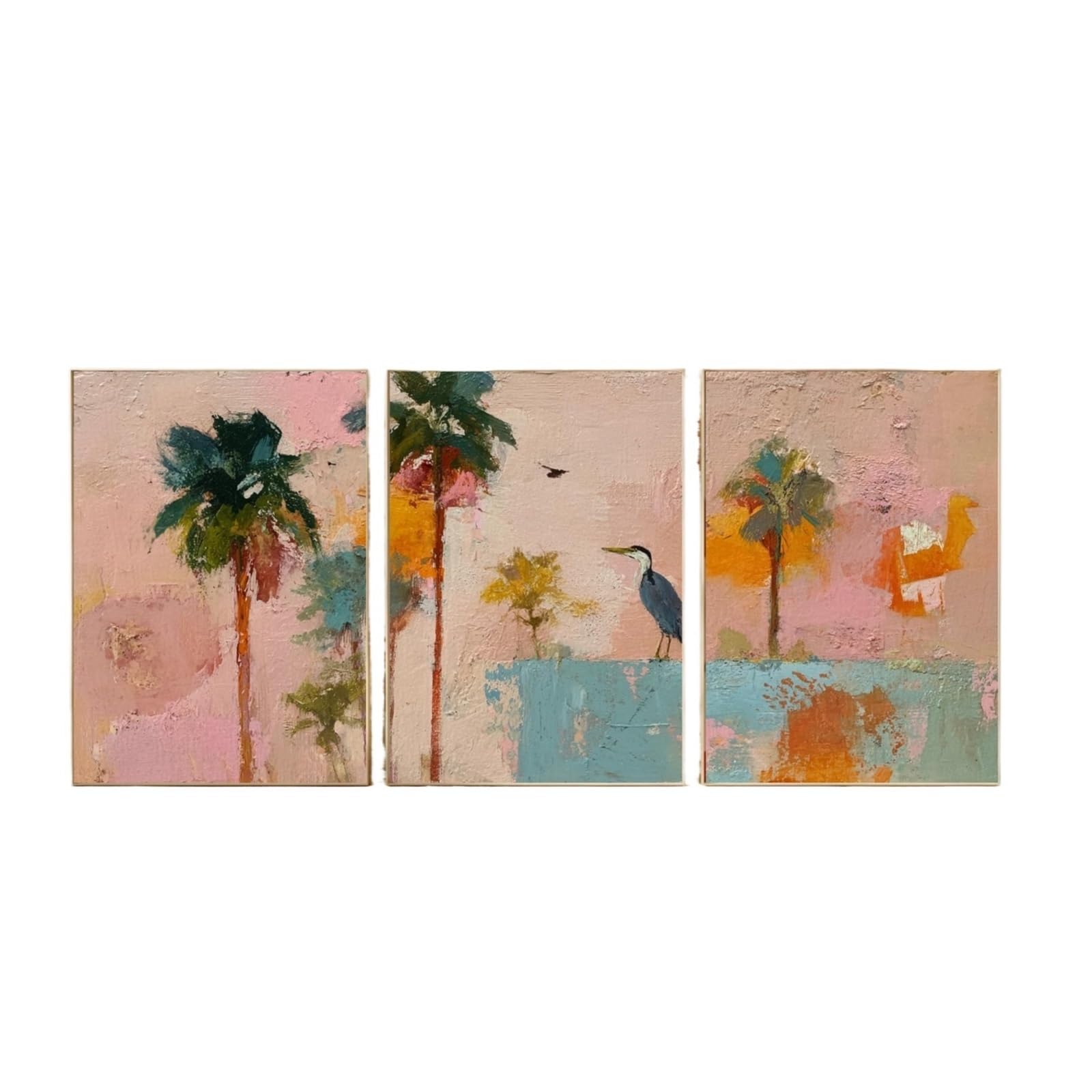 Graiting 3pcs Colorful Coastal Palm Tree Art With Bird Abstract Tropical Wall Prints Playful Beach Pink Teal Sunset(30x40cm Unframe)