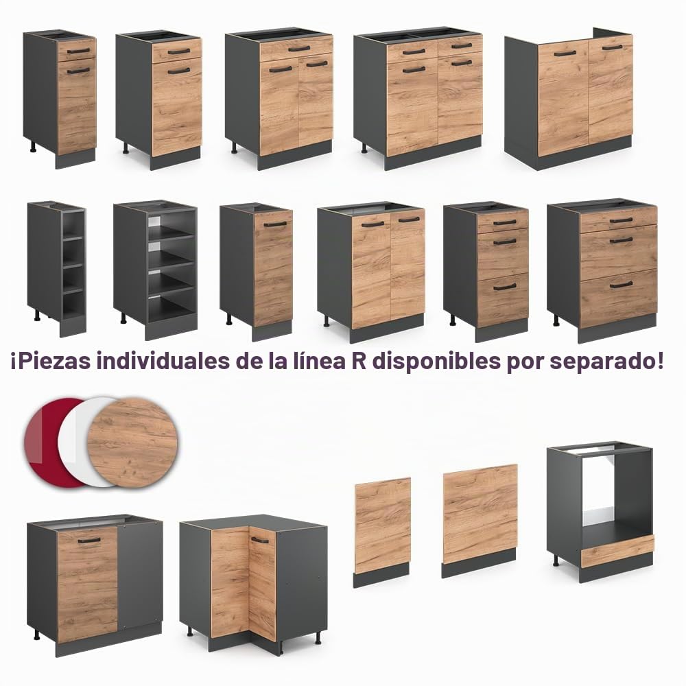 Vicco Cocina esquinera Rick, Oro Power Roble/Antracita, 270 x 60 cm, ET Negro Estampado, con módulos combinables de Forma Variable y Patas Ajustables en Altura