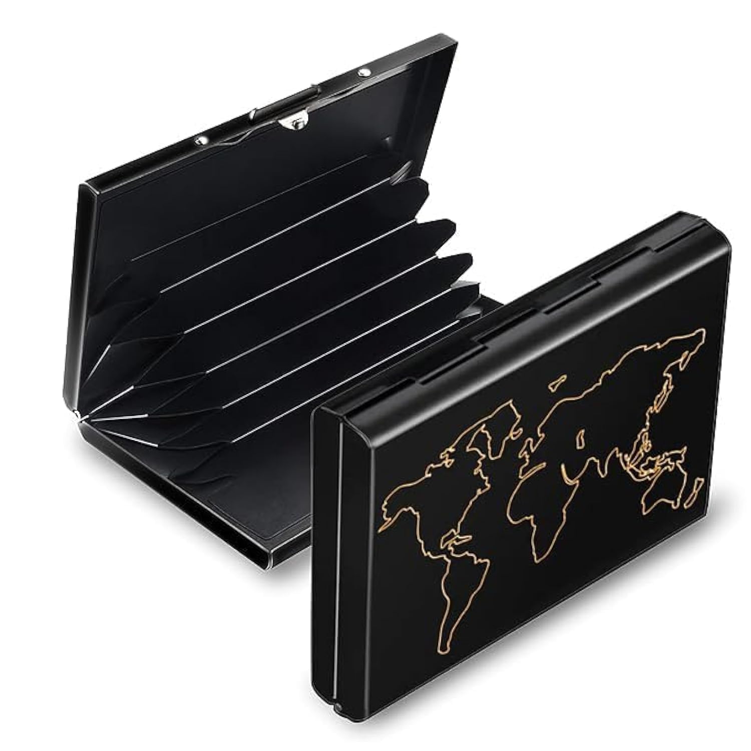 Metal Water-Resistant Stainless Steel Debit/Credit Business ATM 6 World Map Card Holder for Men & Women (Black)