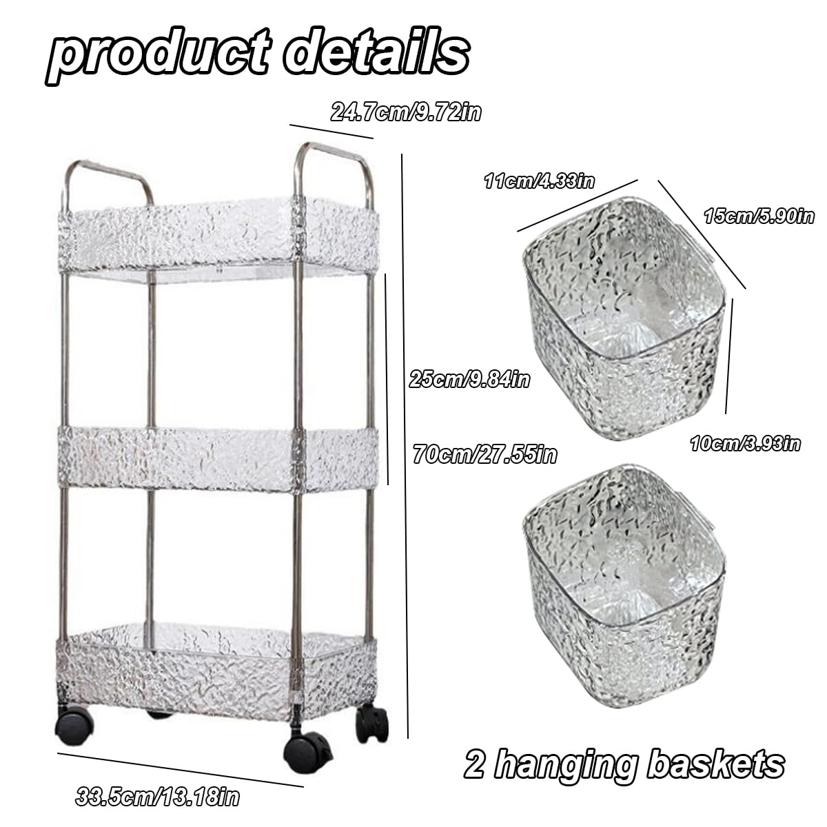 Carrito transparente de tres niveles, estantería de almacenamiento móvil, estantería para libros, estantería para aperitivos, con 2 cestas colgantes grandes, adecuado para sala de estar,