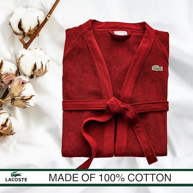 Lacoste Classic Pique Bath Robe, 100% Soft Cotton Terry, Unisex Adult Bathrobe, Absorbent & Quick Drying, One Size Fits Most - Image 3