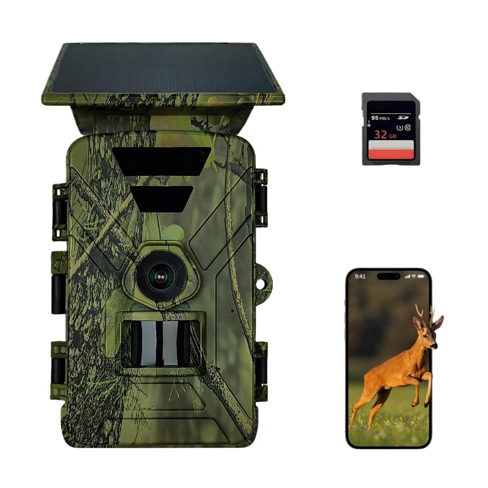 8K 60MP WLAN Solar Wildkamera mit Nachtsicht & 0.1s Auslöser, inkl. 5200mAh Akku & 32GB SD-Karte, IP67 wasserdichte TrailCam mit Bewegungsmelder, APP-Steuerung via 'TrailCam Go' für Jagd