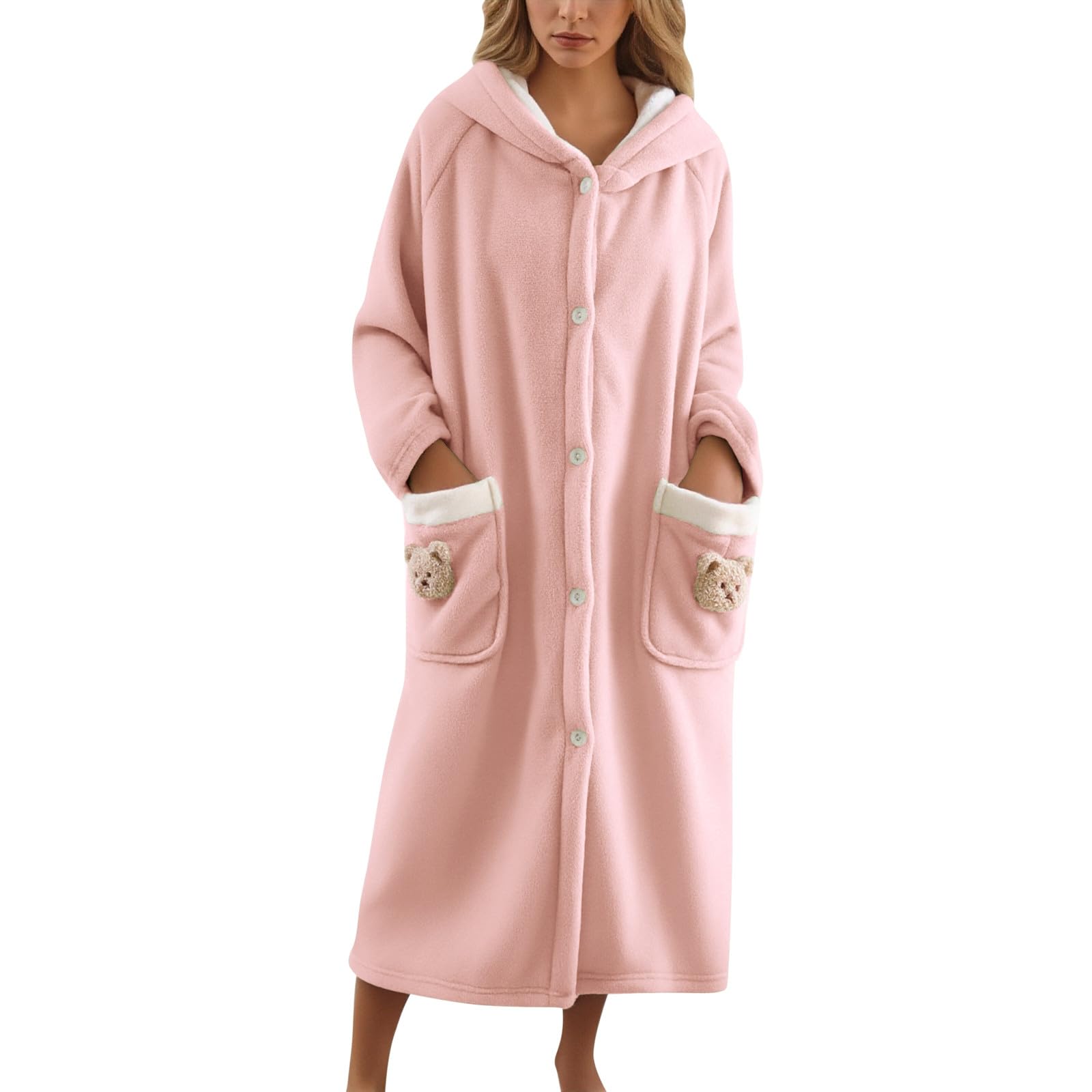 Generisch Accappatoio in flanella con cappuccio, stampa invernale con orsetto, comodo abbigliamento da salotto in pile, lungo collo sciallato, vestaglia per la casa