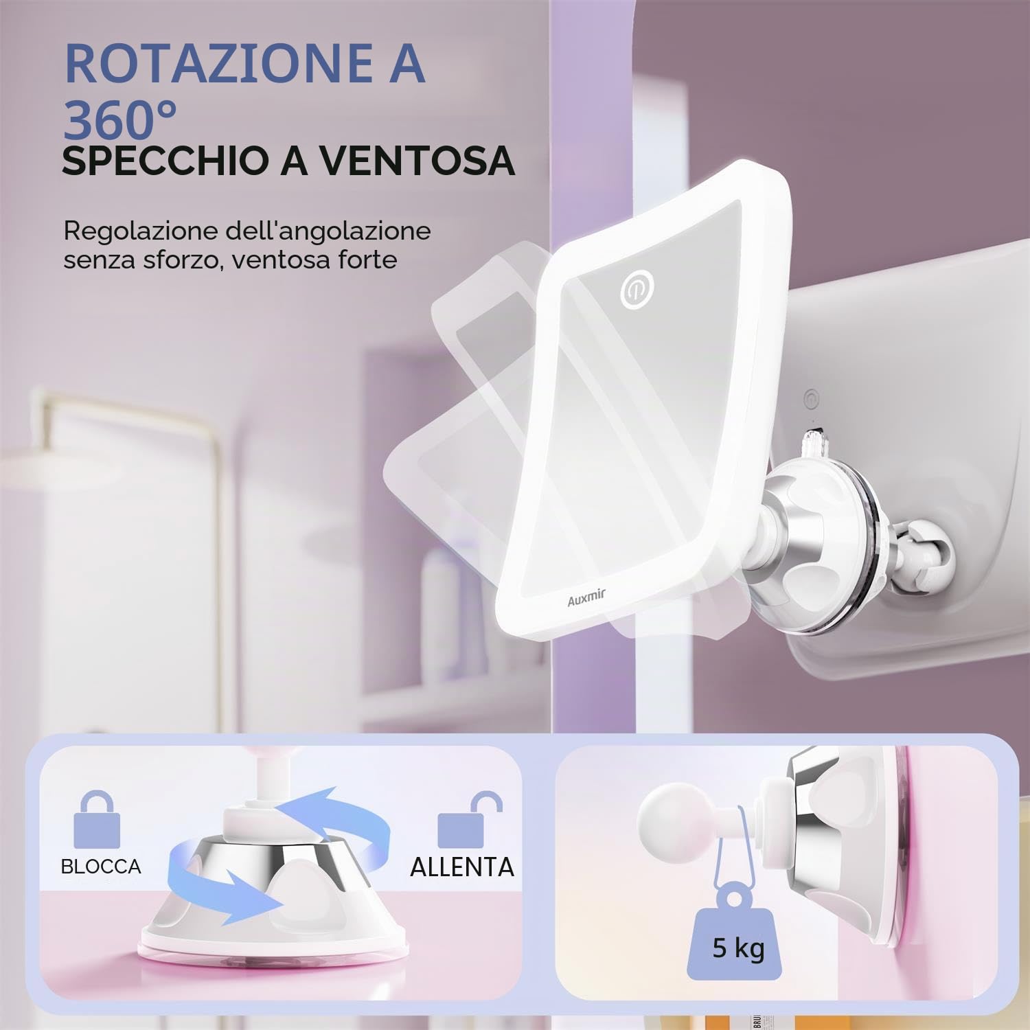 Auxmir Specchio Ingranditore 30X Ricaricabile, Specchio Trucco con 3 Colori di Luce LED, Luminosità Regolabile Ventosa Potente, Specchio Cosmetico da Bagno