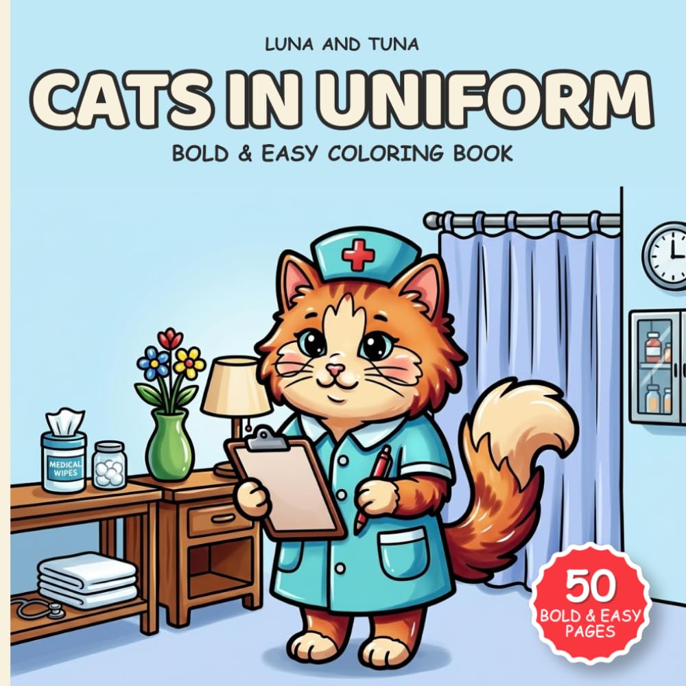Bold and Easy Cats in Uniform Coloring Book: A Cozy Kawaii Coloring Book with Simple Large Designs for Adults, Seniors, and Teens, Relaxing Mindful Coloring for All Ages (Cozy Bold and Easy Coloring)