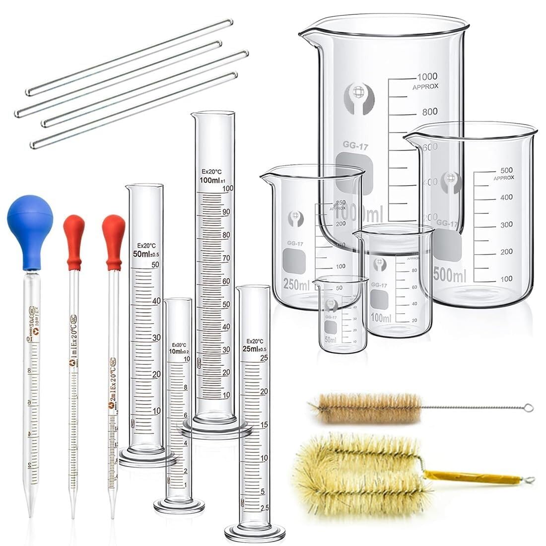 Set de Vasos de Precipitados de Vidrio - 3 Vasos de Medida Graduados 50ml 100ml 250ml con Pipetas, Cepillos, Varillas, Vidrio Borosilicato(1000ml)