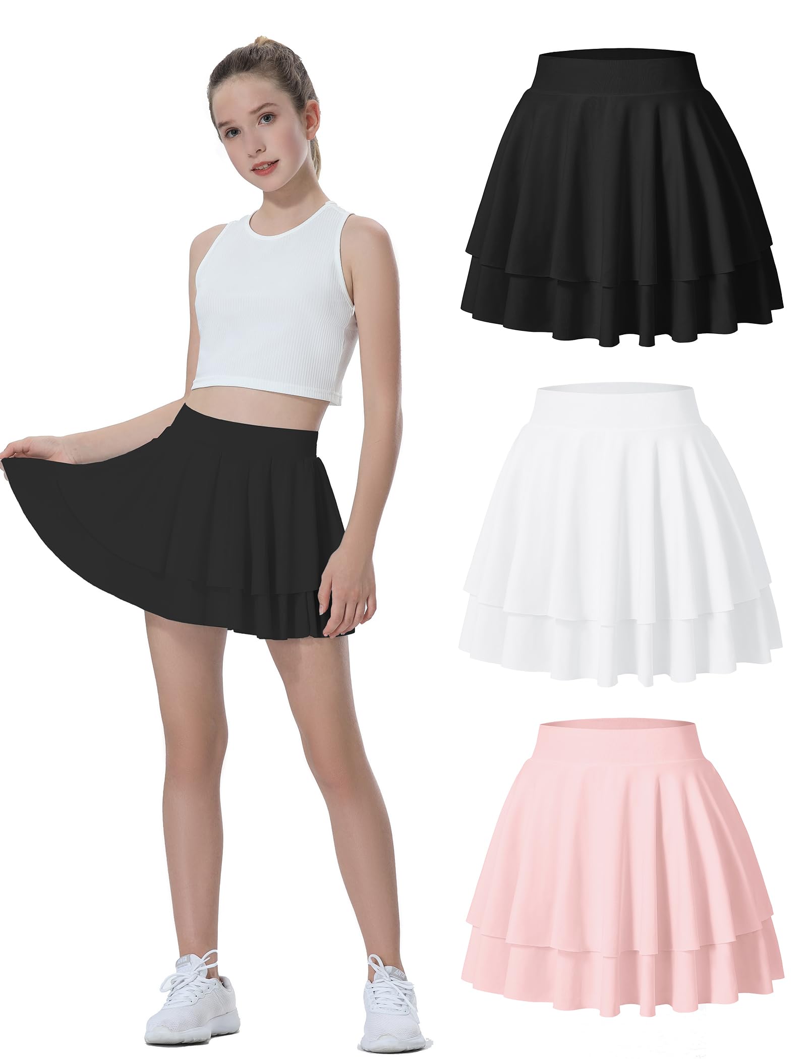 EXARUS 3 Pack Girls Athletic Tennis Skirt Golf Skort Cheer Flowy with Shorts Underneath Tiered Mini High Waisted Pleated Preppy Black White Pink 10Y