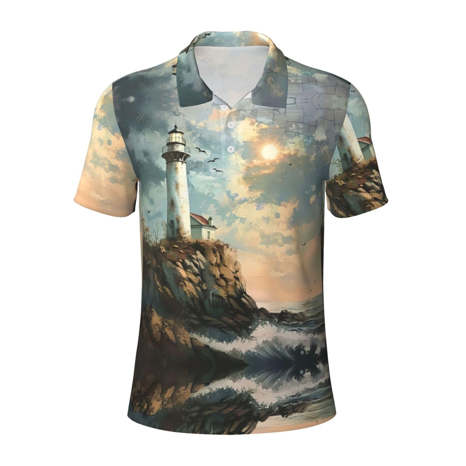 Asbwuo Unisex As Pic Lighthouse Backdrop Print Men's Shirts Golf Short Sleeve Shirts Casual Collared T-Shirt For Everyday Formal
