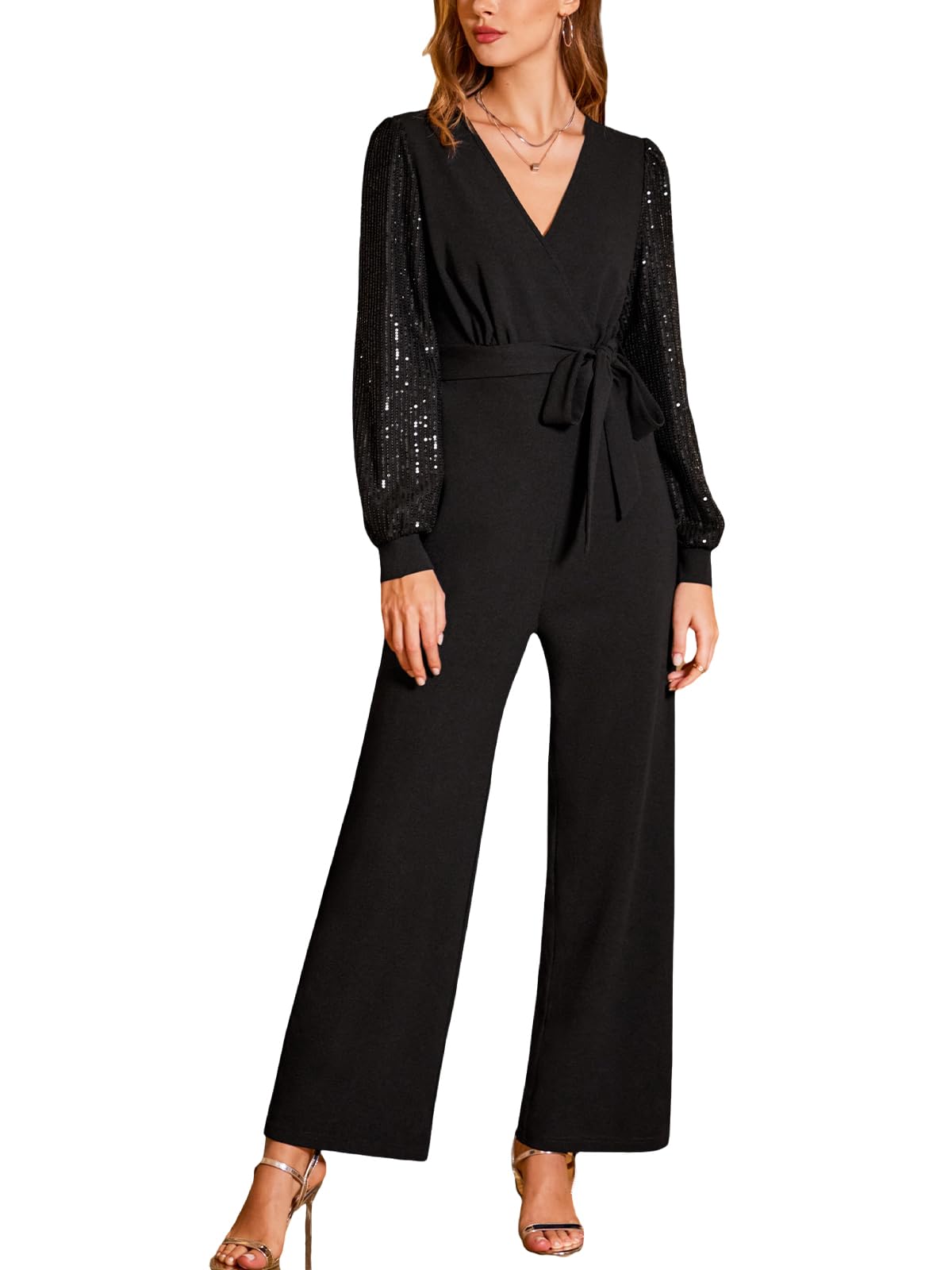 CUPSHE Combinaison habillée à manches longues à paillettes pour femme - Tenue de nuit scintillante - Col en V et ceinture - Barboteuse une pièce