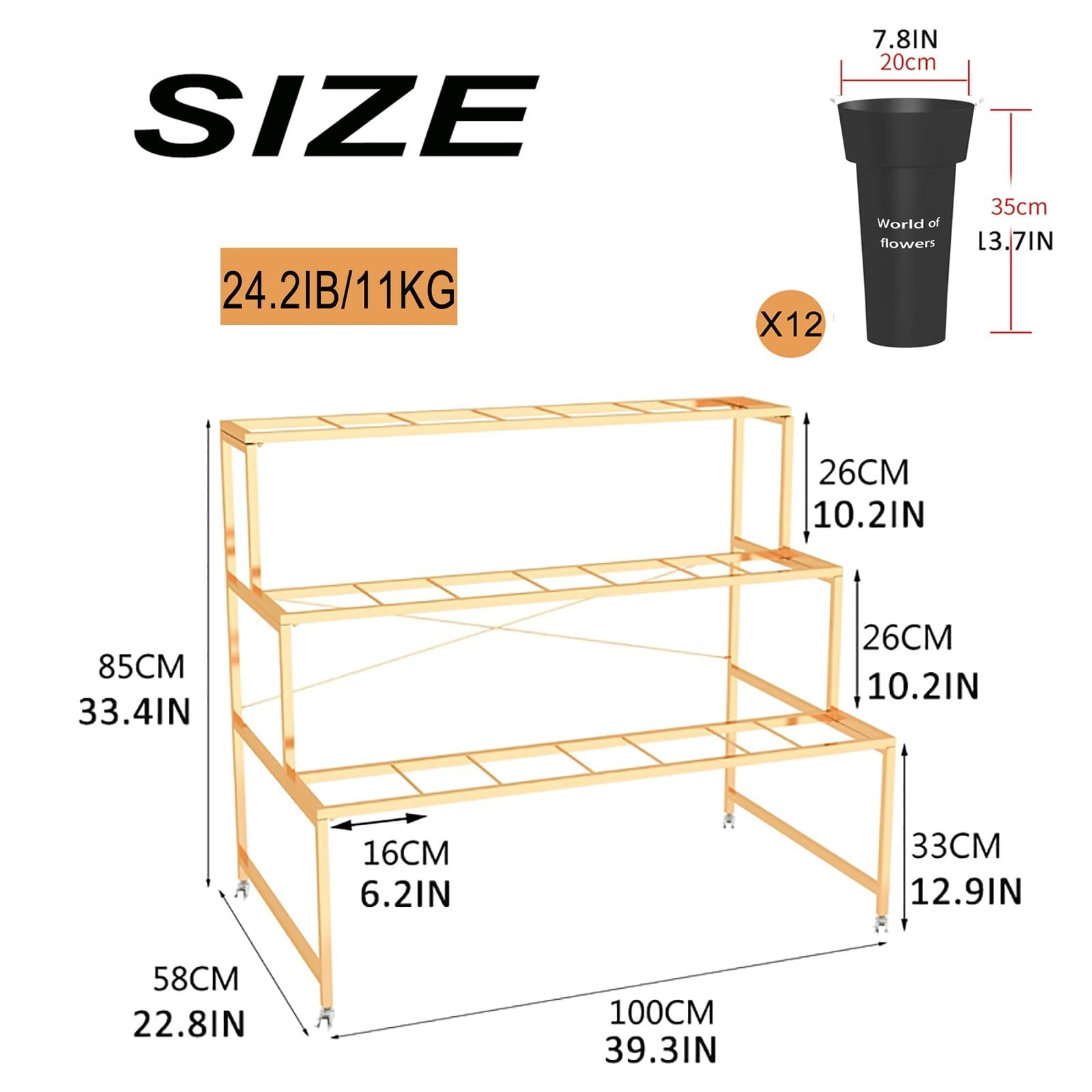 Espositore per Fiori, Carrello per Piante Mobile per carichi Pesanti a 3 Strati con Ruote, con secchi in plastica, Facile da installare, Adatto per Interni (D)