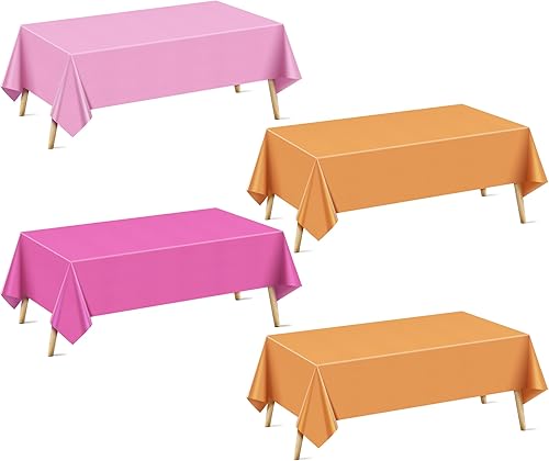 Mantel rectangular de la serie rosa y naranja, 4 piezas, 54 x 72 pulgadas, color sólido, impermeable y a prueba de derrames, mantel de plástico