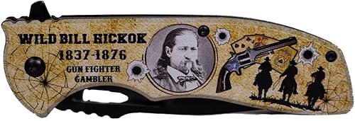 Wyatt - Cuchillo de bolsillo plegable para orejas cuchillo de bolsillo de acero inoxidable de 475 pulgadas con retrato impreso de Wyatt Earp