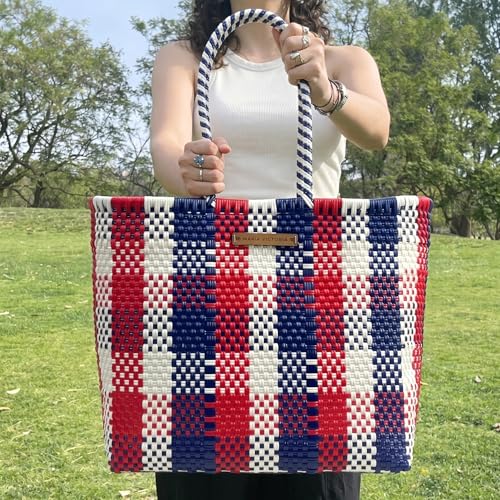 Image of MARIA VICTORIA Women's Handcrafted Plastic Tote Bag Medium Size, Waterproof, Stylish Design, Ideal for Spring, Summer Use, Versatile for Daily Activities, Travel, Gift-Ready, Americana250 Medium