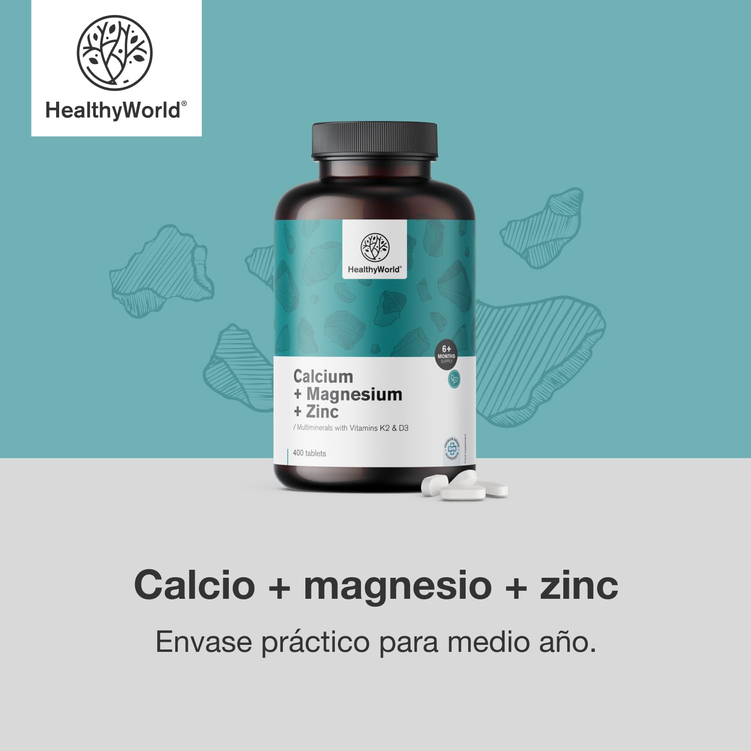 HealthyWorld Calcio + magnesio + zinc – Complejo de 2 vitaminas y 7 minerales – 400 comprimidos – Vitaminas D3 y K2 – Favorece la vitalidad y la resistencia – Suministro para más de 6 meses