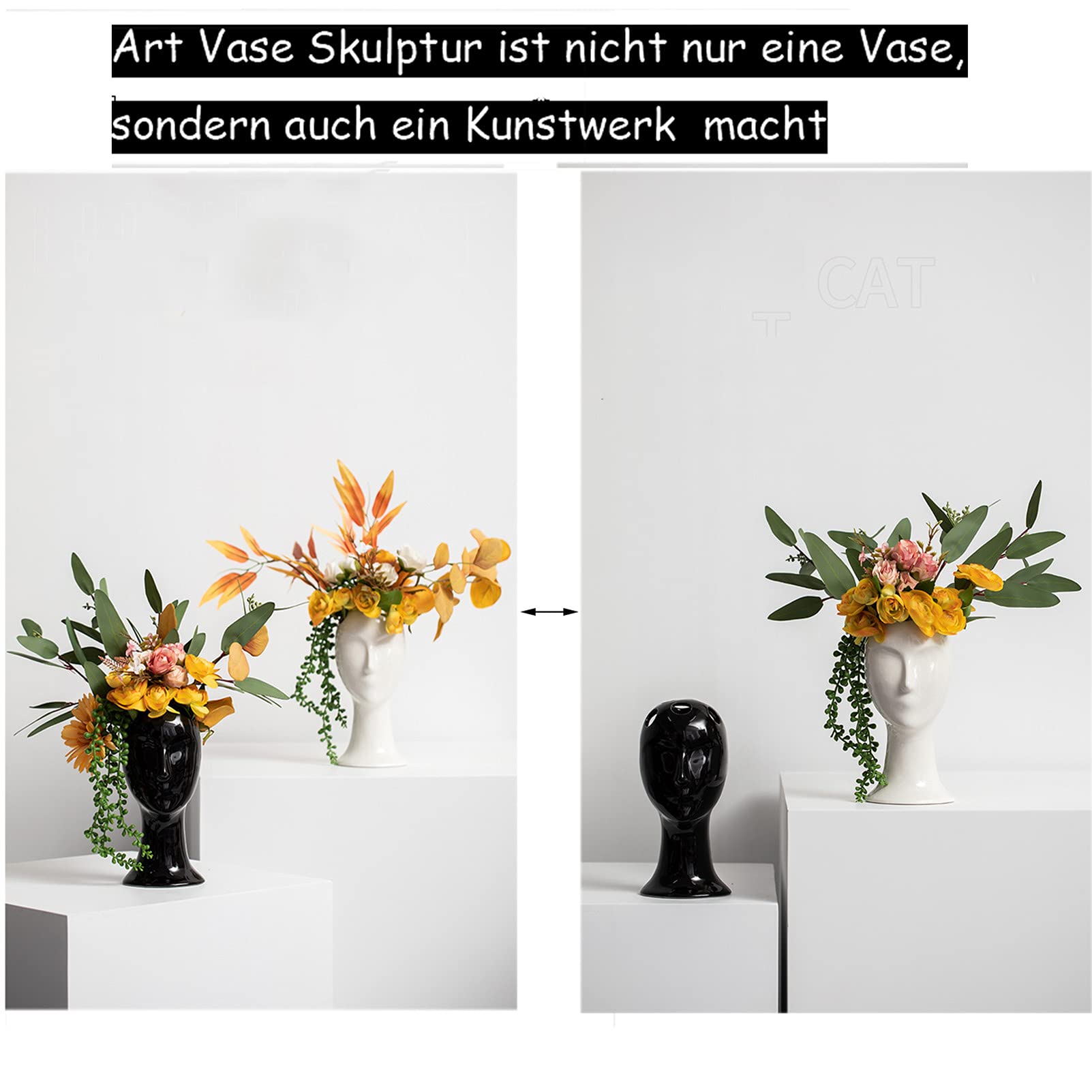 Keramik Vase Weiß Schwarz 2er Set,Modern Kreative Design Vase Gesicht,Kleine Blumenvase Moderne Tischvase,Ideal Zur Lagerung von Blumen&getrocknete Blumenvasen Deko Wohnzimmer,Schlafzimmer