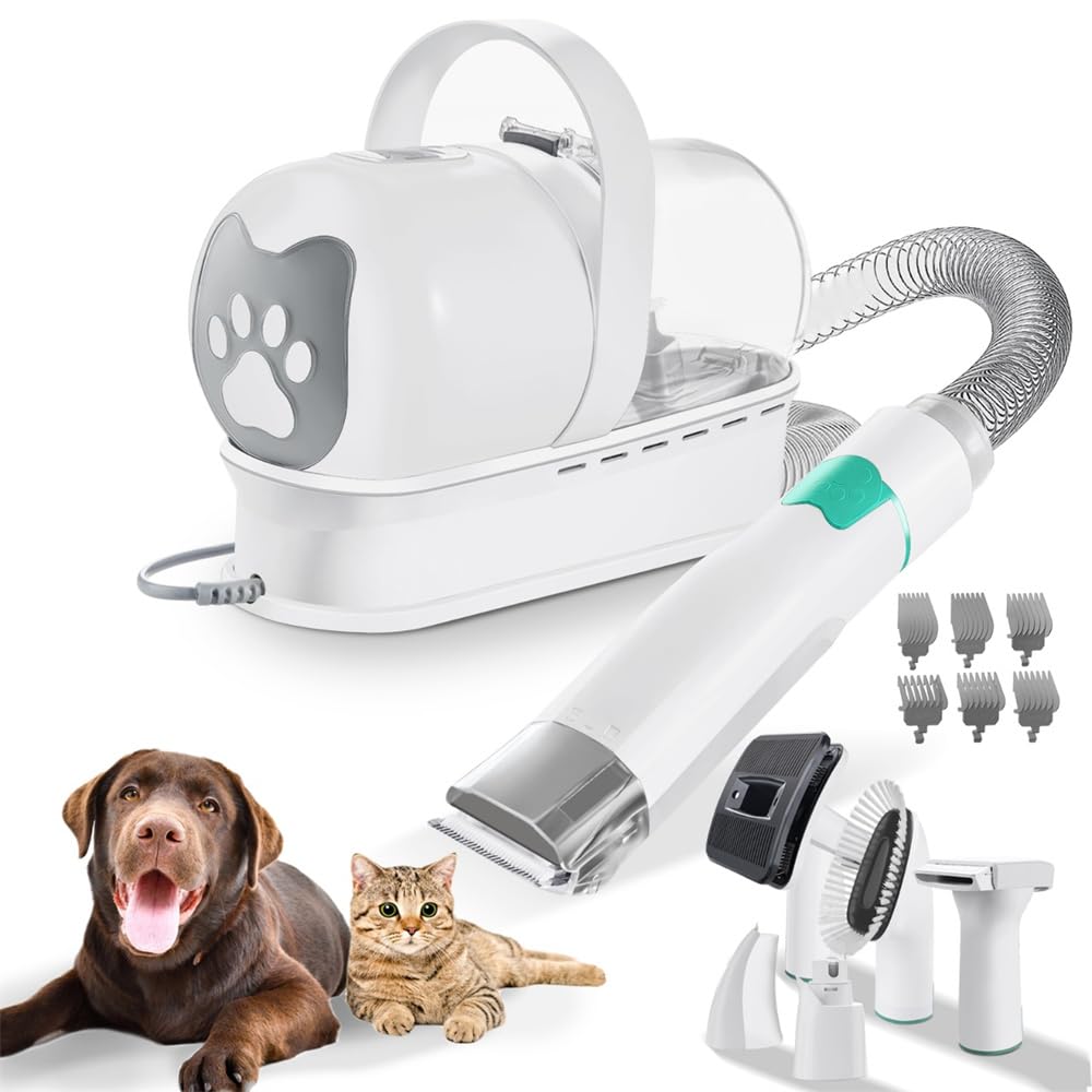 Tosatrice per cani con aspirapolvere – 7 in 1 aspirapolvere per peli di animali domestici, trimmer per la cura degli animali domestici con aspirazione 13000 Pa, diversi strumenti per la cura di cani e
