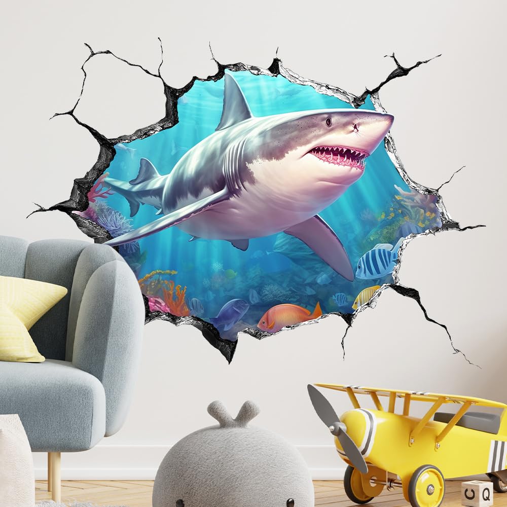 3D Under The Sea Wall Stickers, Shark Wall Decals, Removable Self Adhesive Wall Decal, for Kids Boys Baby Nursery Bedroom Bathroom Mall, Wall Door Glass Decoration, 3D Broken Ocean Animal Theme