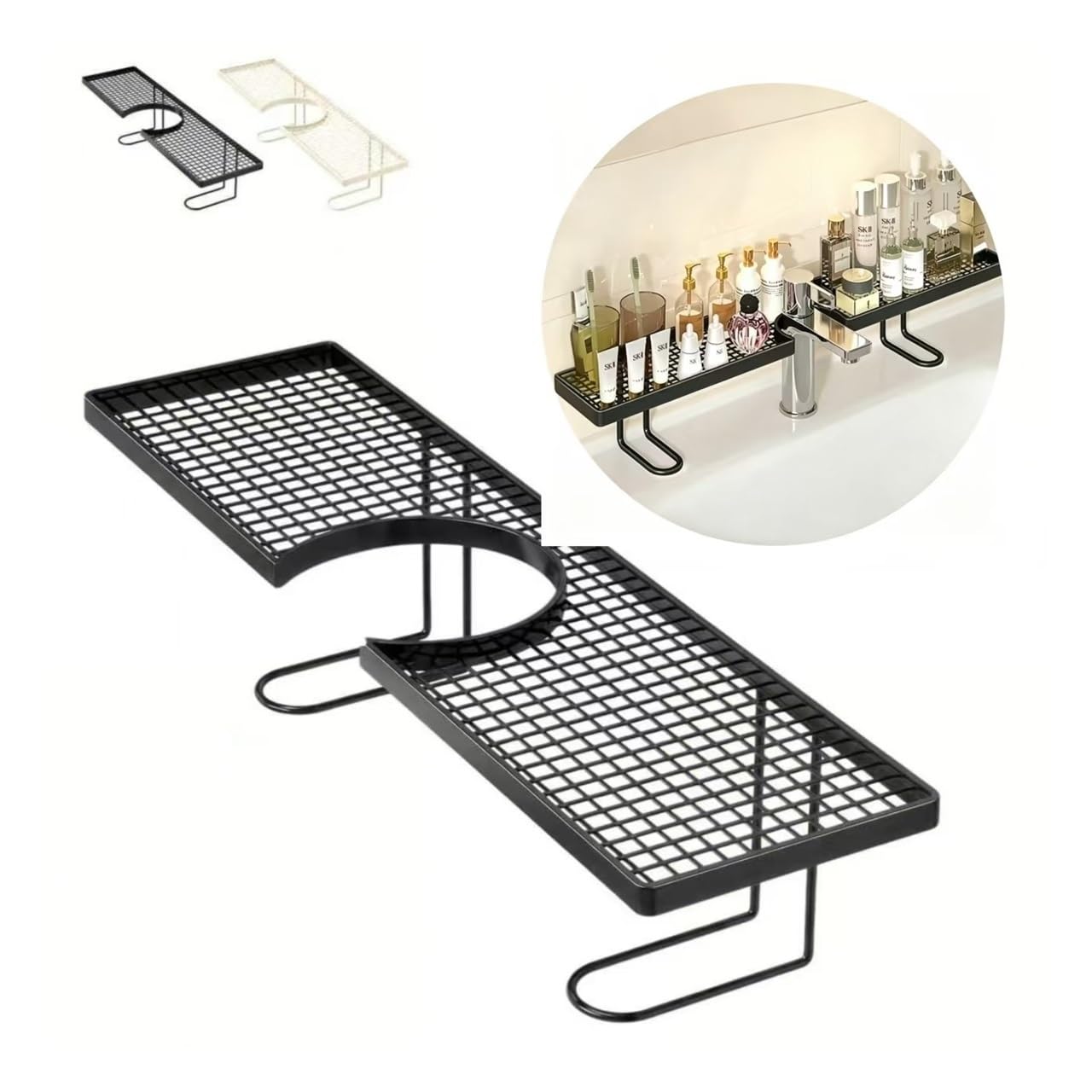 HONGBA Over Faucet Sink Storage Rack, No Drill Hollow Metal Bathroom Counter Organizer, U-Shaped Cutout Shelf for Kitchen Vanity(Black)