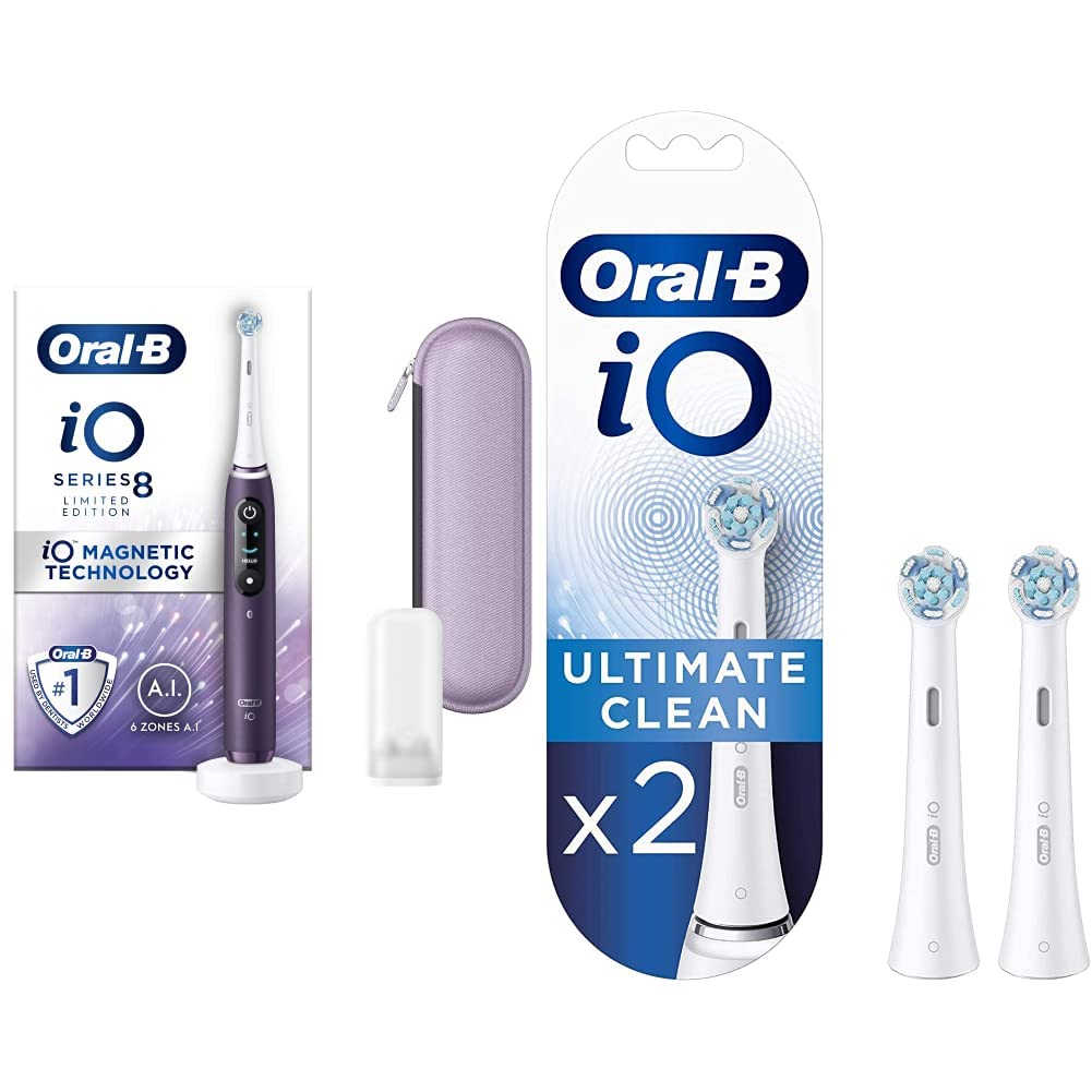Oral-BLimited Edition iO - 8 - Electric Toothbrush Rechargeable & iO Ultimate Clean Electric Toothbrush Head, Twisted & Angled Bristles for Deeper Plaque Removal, Pack of 2, White
