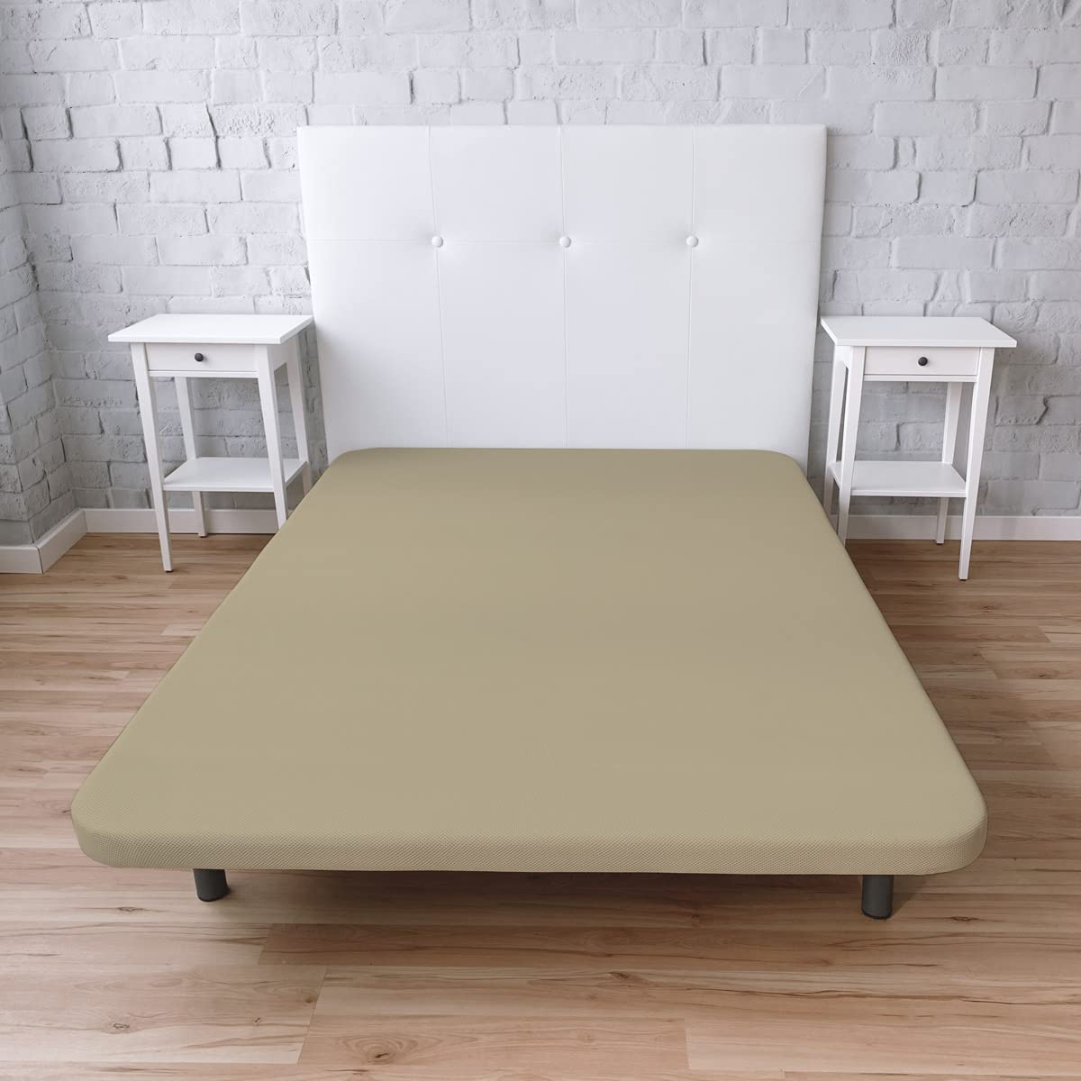 Somnia Descanso - Base Tapizada 3D Reforzada, Gran Estabilidad con 5 Barras de Refuerzo 6 Patas metálicas roscadas de 25cm, 150x190, Beige